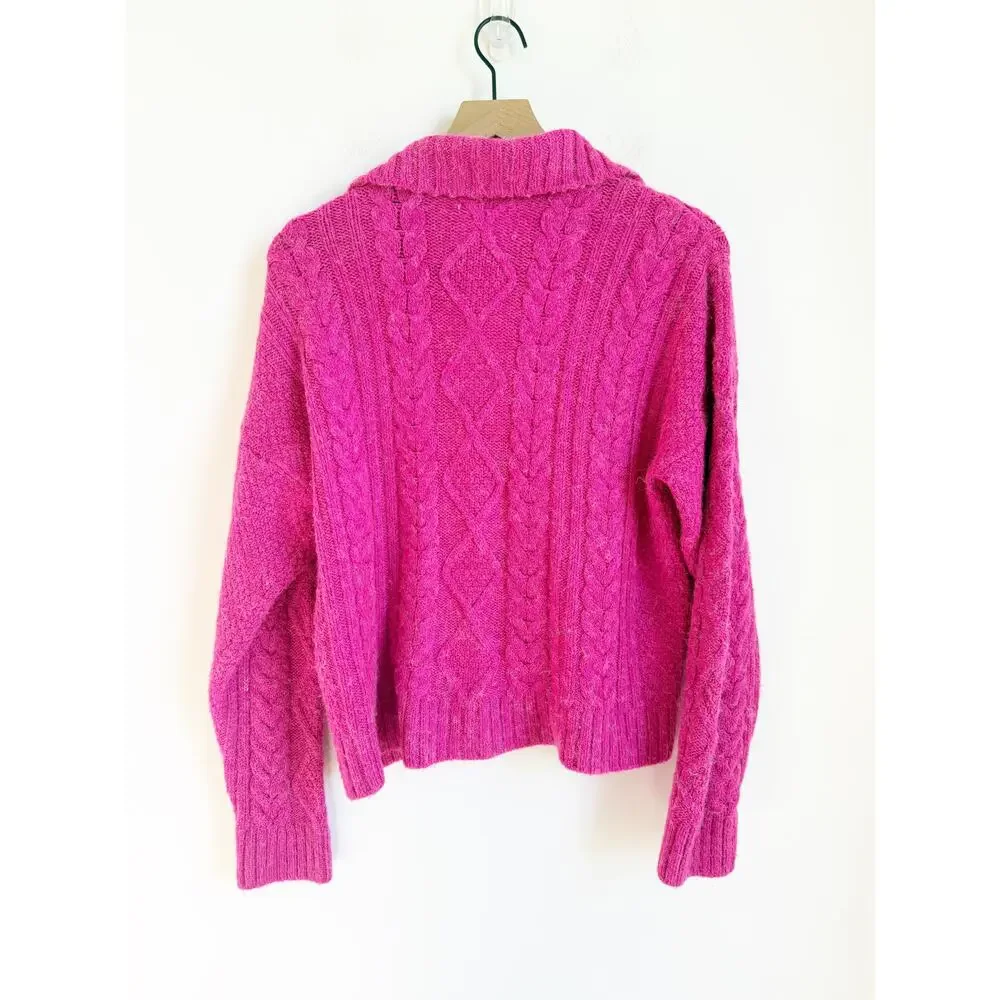 Anthropologie Payton Cable Knit 1/4 Zip Pullover Sweater, Fuchsia Pink, XL